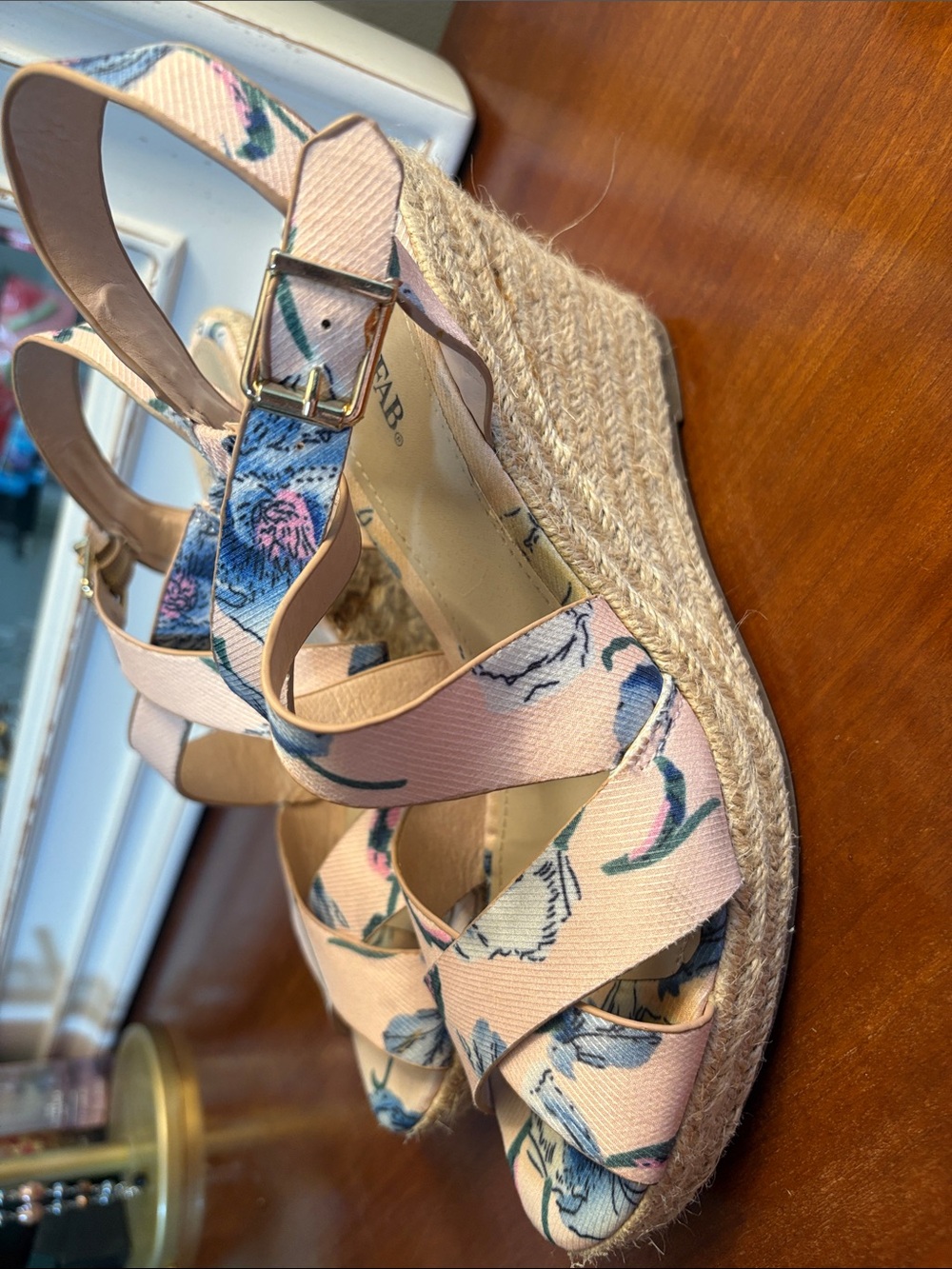 JustFab Pink Floral Espadrille Wedge Sandals - Picture 2 of 10